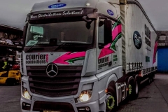 Mercedes HGV truck with curtain side trailer