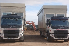 Burlinghams Volvo FE Trucks flatbed HGV loaded with office units
